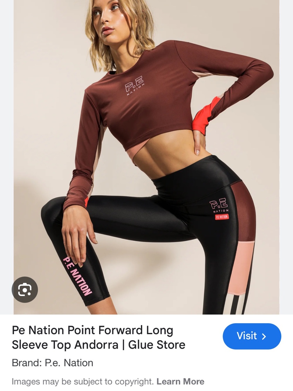 P.E Nation Rust Brown Cropped Long Sleeve Top with Pink Logo